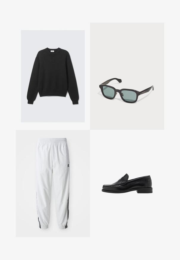 Črna dolgoročnostna pletena jopica z okroglo ovratnikom, rebrastimi manšetami in robom, ležala raztegnjena na svetli podlagi.; Bela športna hlače z črnimi stranskimi črtami, elastičnim pasom in manšetami; vsebujejo logotip Adidas na levem stegnu. Gladek občutek tkanine.; Črne usnjene loafer čevlje z gladko površino, šivani detajli na prstu in nizka peta za udobje in stil.; Črna pravokotna sončna očala z zelenimi lečami, z lesketajočo se površino in subtilnim zlatim brandiranjem na ročaju.; Črna gladka usnjena torba s pletenicama, pravokotne oblike in subtilnimi šivi na belem ozadju.
