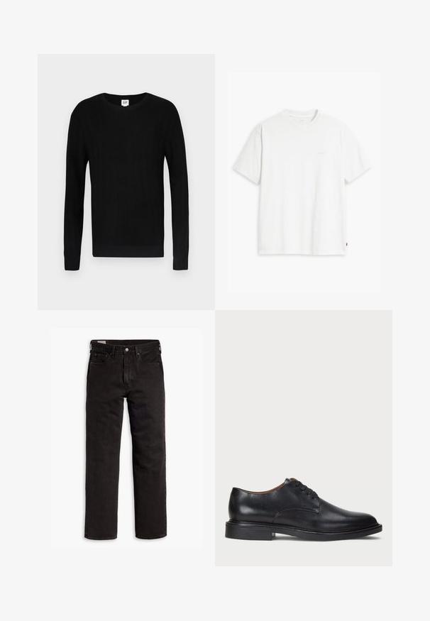 Černý svetr s žebrovanou texturou, dlouhými rukávy a kulatým výstřihem. Má těsný střih a čistý design. Logo značky na krku.; Bílá bavlněná tričko s krátkými rukávy, klasickým výstřihem a decentním logem Levi's vytištěným uprostřed. Měkká textura a standardní střih.; Černé džíny rovného střihu s pěti kapsami, zapínáním na knoflík a poutky na opasek, položené na bílém pozadí.; Černé kožené společenské boty s kulatou špičkou, šněrováním a nízkým podpatkem. Hladký povrch s minimálním šitím.