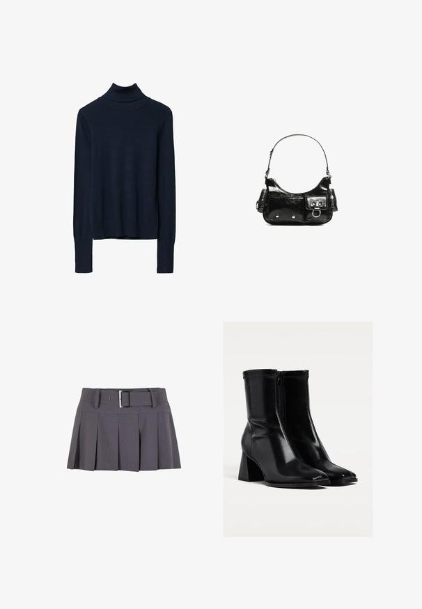 Maglione a dolcevita blu navy realizzato in tessuto di maglia liscia, con maniche lunghe e orli a costine sui polsini e sul fondo.; Mini gonna plissettata grigia con una texture morbida, dotata di una vita larga, passanti per la cintura e un dettaglio con fibbia rettangolare in argento.; Stivali neri alla caviglia in pelle lucida, con tacco medio a blocco, chiusura con zip e punta affusolata. Texture liscia con cuciture minime.; Borsa a spalla in vernice nera con forma curvata, una tracolla, tasche frontali e dettagli in metallo argentato.