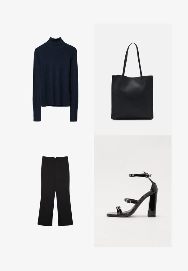 Marineblauer Rollkragenpullover aus glattem Strickstoff, mit langen Ärmeln und gerippten Säumen an den Bündchen und am Saum.; Schwarze Hose mit geradem Schnitt, ausgestattet mit Fronttaschen und Seitenschlitzen am Saum. Hergestellt aus weichem, glattem Stoff. Geeignet für verschiedene Anlässe.; Schwarze patentierte Sandalen mit Absatz, quadratischer Spitze, Knöchelriemen und silbernen Schnallen. Mit einem stabilen Blockabsatz für mehr Stabilität.; Schwarze Laptoptasche aus Leder mit glatter Textur, rechteckiger Form und zwei langen Griffen. Keine sichtbaren Beschläge oder Verzierungen.