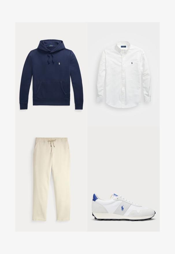 Mørkeblå hettegenser laget av bomullsblanding, med kengurulomme, snor til hetta og lite hvitt logo på brystet.; Hvit skjorte med knapper laget av bomull. Har spiss krage, lange ermer og en liten marineblå logo på brystet. Glatt tekstur.; Off-white kosebukser med elastisk midje og snor, rette ben og sidelommer mot en ensfarget bakgrunn.; Hvit trening sneaker med grå semsket skinn-accents, mesh-overdel, blå hælflik og svart gummi såle. Har snøring og logo.