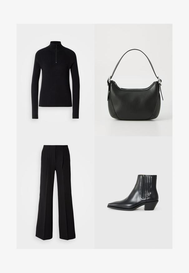 Pullover negro de punto con cuello alto y media cremallera, que presenta una textura de canalé y mangas largas. Diseño simple y ajustado.; Pantalones negros de tejido suave, con cintura alta, silueta de pierna ancha y dos pliegues frontales para añadir detalle de diseño.; Bota de cuero negra de tobillo con punta afilada, paneles laterales elásticos con ranuras verticales y un tacón bajo y cuadrado. Textura suave y diseño elegante.; Bolso de mano de cuero negro con forma curvada, cremallera plateada y un asa corta. Presenta un logotipo sutil en la parte frontal y una textura suave.