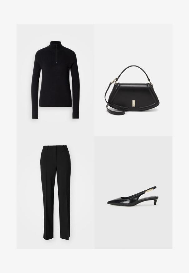 Black knitted pullover with a high collar and a half zipper, featuring a ribbed texture and long sleeves. Simple and fitted design.; Black tailored trousers with a straight-leg design, featuring a smooth texture and crisp creases along the front. No visible hardware.; Black leather slingback heels with a pointed toe, featuring a slim heel and a gold-tone accent on the adjustable strap. Smooth texture.; Black leather handbag with a structured design, featuring a cropped shape, top handle, and gold hardware accent. Adjustable shoulder strap included.