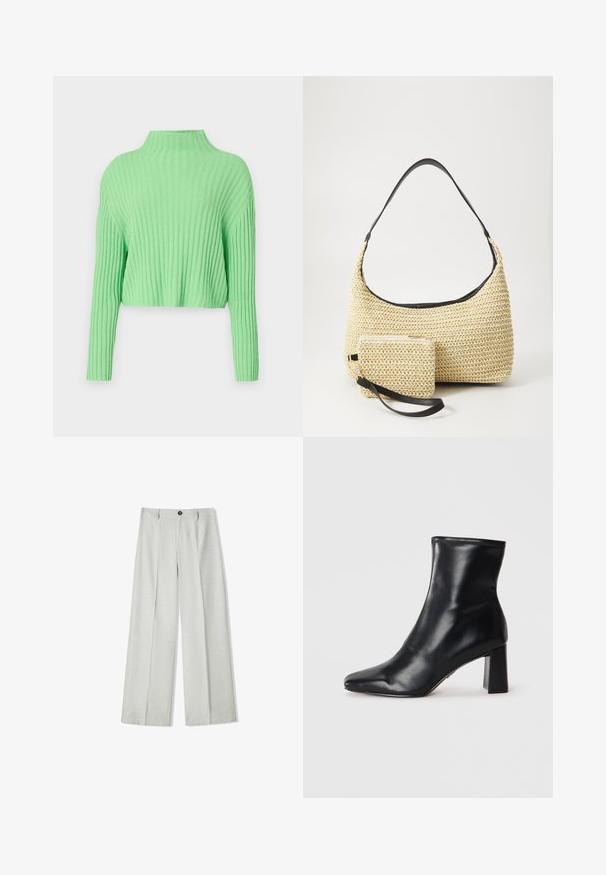 Svetlozelena skrajšana jeansa z visokim ovratnikom, rebrasto teksturo in dolgimi rokavi. Značilna je ohlapna fit in mehak material.; Svetlo sivi široki hlače iz teksturiranega materiala, ki imajo zaponko na gumb in dva plisa spredaj za dodaten detajl.; Črne usnjene gležnarje s ostrim nosom in strukturiranim blokastim peto. Gladka tekstura z elegantnim, minimalističnim dizajnom.; Tkana torbica iz slame s zakrivljenim siluetom, ki vključuje gladek črn usnjen trak in usklajen majhen žep, pritrjen z ročajem za zapestje.