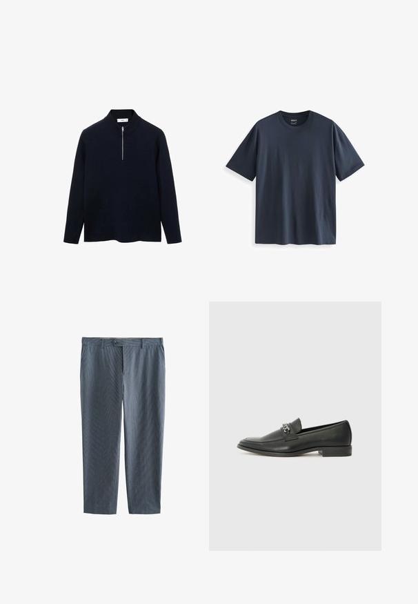 Námořnický pulovr s dlouhými rukávy, vysokým límcem a předním zipem do poloviny. Vyroben z hladké látky s volným střihem a bočními rozparky na spodním lemu.; Námořnická modrá bavlněná tričko s kulatým výstřihem, krátkými rukávy a volným střihem. Hladká textura bez viditelných vzorů nebo akcentů.; Pánské zkrácené kalhoty v tmavě modré barvě s vertikálním pruhovaným vzorem. Vyrobené z lehkého materiálu, s knoflíkovým zapínáním a poutky na pás.; Černé kožené mokasíny s hladkým povrchem, s prošívaným designem a dekoračním kovovým řetízkem přes nárt. Plochý podpatek.