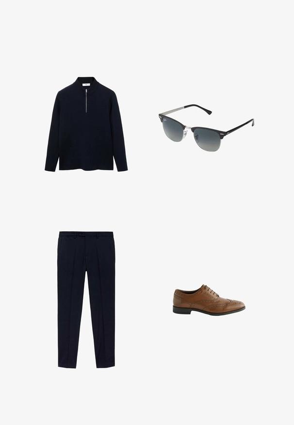 Mornarski pulover z dolgimi rokavi, visokim ovratnikom in sprednjim polovičnim zadrgo. Narejen iz gladkega materiala z sproščenim krojem in stranskimi razporki na robu.; Paket treh majic: ena črna in dve beli. Vsaka ima okroglo ovratnik, kratke rokave in je izdelana iz gladkega bombažnega materiala.; Mornarsko modre hlače z ravnim prednjim delom, izdelane iz gladkega blaga. Med značilnostmi so dva stranska žepa in zadrga s pripenjanjem na gumb.; Rjave usnjene čevlje za obleko z zapletenimi broguing podrobnostmi, okroglo konico in ravnim peto. Ima pet rešenih oči za vezanje in gladko teksturo.; Črne in srebrne sončna očala v obliki mačjih oči, z gradientnimi lečami in kovinskimi dodatki na okvirju. Plastične ročke s sivimi konicami.