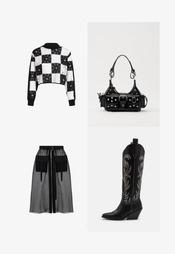 Trumpas megztinis su juodos ir baltos spalvos languoto nėrinių raštu, su vienspalvėmis juodomis rankovėmis ir šonkauliais ant apykaklės ir rankovių.; Juoda permatoma sijonas su surinkta liemene, dviem didelėm priekinėm kišenėm, liemens raišteliu ir apvaliu metaliniu akcentu.; Juodi oda kaubojiški batai su smailiu nosiu, stulpeliu ir sidabriniais siuvinėti gėlių raštais palei šoną. Kontrastingas siuvinėjimas visoje bato dalyje.; Juodas odinis rankinukas su kreiviu dizainu, su sidabro spalvos knopkėmis, užsegimu ir dviem šoninėmis kišenėmis. Reguliuojama dirželis nešimui.