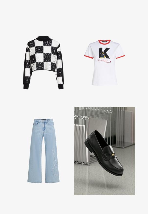 Fekete-fehér kockás csipke mintás, rövidített pulóver, egybeszínes fekete ujjal és bordázott gallérral és mandzsettával.; Fehér pamut póló piros nyakkivágással és ujjak szegélyével. Fekete 'K' és Donald Kacsa grafika található rajta, piros aláírással.; Világoskék, bőszárú farmernadrág, bal lábszáron „Donald és Daisy” hímzett felirattal. Klasszikus öt zsebes dizájn és övhurkok jellemzik.; Fekete bőr loaferek sima felülettel, dekoratív sávval és kis arany kiegészítővel. Az talp lapos, kerek orrú.