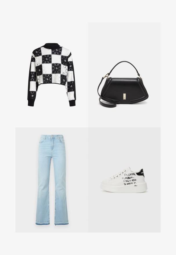Kratka pulover s črno-belo karirasto čipko, s črnimi rokavi in rebrastim ovratnikom ter manšetami.; Svijetloplave traperice s rasponom, visokog struka, s prednjim džepovima i sirovim rubom na manžetama za ležeran izgled.; Bela platforma športna obutev z črnimi detajli, ki ima teksturiran podplat in ročno napisano besedilo ob straneh. Gladek usnjeni material.; Črna usnjena torbica s strukturnim dizajnom, ki ima skrajšano obliko, zgornji ročaj in zlate dodatke. Vključena je nastavljiva ramenska naramnica.