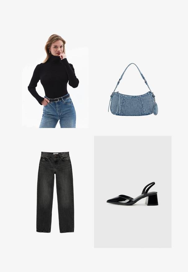 Černý žebrovaný rolák s dlouhými rukávy, spárovaný s vysokým pasem, světle modrými džíny a černým páskem.; Černé džíny z denimu se uvolněným střihem, rovnými nohavicemi, pětikaškovým designem a lehce vybledlým vzhledem. Zapínání na knoflík a zip v přední části.; Černé lakované kožené lodičky na pásku s špičatou špičkou a geometrickým blokovým podpatkem. Vyznačují se elegantním, minimalistickým designem a hladkým povrchem.; Džínová kabelka s zakřiveným tvarem, světle modré barvy, nastavitelným ramenním popruhem a malou odnímatelnou kapsičkou s metalickými akcenty.