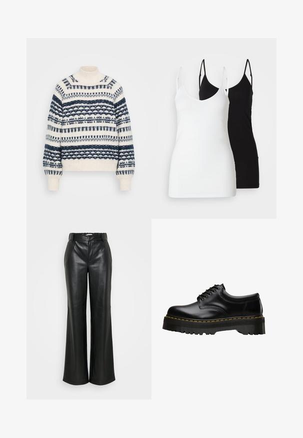 Vero Moda Tall VMHENYA HIGHNECK - Džemper - birch/navy; Kaks naiste topsi: üks valge ja teine must, pehmest kangast, õhukeste rihmadega ja sügava V-kaelusega.; ONLY Tall ONLSMOOTH WIDE - Püksid - black; Mustan nahast lace-up kingad, millel on paks, sakiline must kummitald ja kollane õmblus ääres, millel on sile viimistlus.