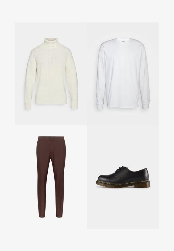 Maglione color crema con collo alto, polsini a coste e un motivo a maglia testurizzato. Presenta una vestibilità comoda e un design senza cuciture.; T-shirt bianca a maniche lunghe realizzata in cotone. Design con collo rotondo, polsini a costine e un piccolo logo sulla manica sinistra. Texture liscia.; Pantaloni marroni su misura con vita piatta, passanti per cintura e chiusura con un bottone. Realizzati in un tessuto liscio con un design a gamba dritta.; Scarpa in pelle nera con punta arrotondata, design con lacci, cuciture gialle lungo la suola e suola in gomma spessa e testurizzata.