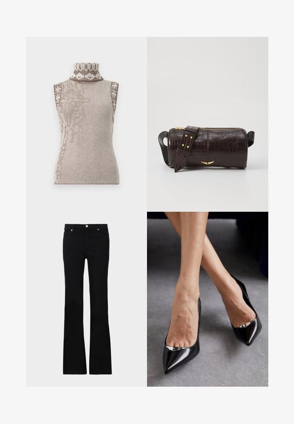Ujj nélküli garbó pulóver krém és barna bordázott kötésben. Bonyolult geometrikus minták találhatóak a gallér közelében. Puha, texturált anyag.; Fekete, bővülő szárú farmernadrág, két elülső zsebből áll, gombos záródással és sima textúrával rendelkezik. A varrásoknál látható a jellegzetes öltés.; Fekete bőrből készült magassarkú cipők, hegyes orral és nyitott kialakítással, dísz ezüst kiegészítővel. Simává polírozott textúrával.; Barna krokodilbőr hatású bőr táska henger alakú, arany tónusú fémveretekkel és lecsatolható, szegecsekkel díszített pánttal.