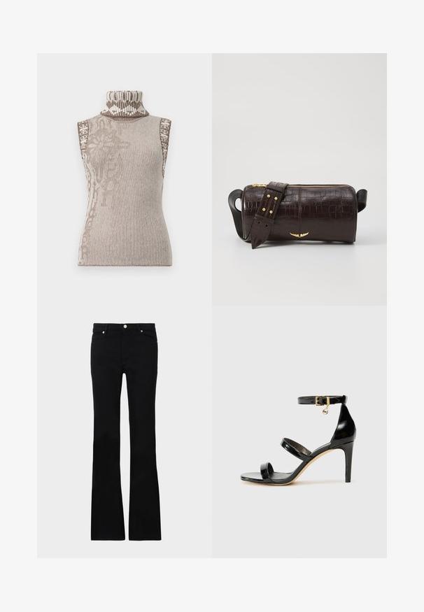Soevaba turtleneck-sweater kreemja ja pruunika soonikattega. Omab keerukaid geomeetrilisi mustreid kaela ümbruses. Pehme, tekstuuriga kangas.; Mustad teksased, millel on flared lõige, kaks esi-taskut, nööbiga kinnitamine ja sile tekstuur. Tootemärgistus on nähtav õmblustes.; Must musta nahk sandaal kolme rihmaga, pahkluu vööga ja 4-tollise stilettakontsaga. Omab kuldset detaili ja logovõtit.; Pruunist krokodillimustrist nahast kott, millel on silindri kuju, kuldse tooni metalldetailid ja eemaldatav rihm, kus on nupud.