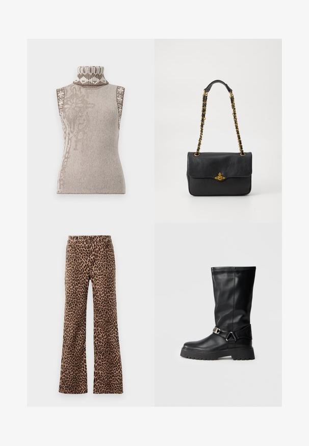 Maglione senza maniche a collo alto in maglia ribattuta color crema e marrone. Presenta intricate trame geometriche vicino al colletto. Tessuto morbido e con texture.; Pantaloni a gamba larga con stampa leopardata in beige e nero, caratterizzati da una texture liscia e un orlo sfiancato. Design con vita standard e tasche.; Stivali neri al ginocchio realizzati in pelle liscia, con un'applicazione a fibbia sul lato e una suola spessa e testurizzata per una migliore aderenza.; Borsa a tracolla nera in pelle con pattina pieghevole, tracolla in catena dorata e dettaglio con logo sul davanti. Texture liscia.