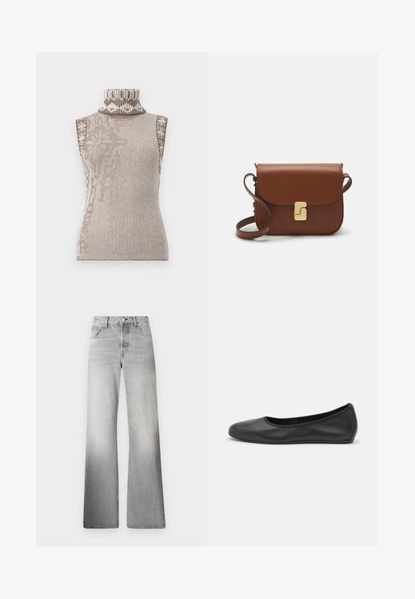 Sleeveless turtleneck sweater in cream and brown ribbed knit. Features intricate geometric patterns near the collar. Soft, textured fabric.; Gray denim wide-leg jeans featuring a high waist, faded texture, five pockets, and a zip fly with button closure.; Black leather ballet flat with a rounded toe, smooth texture, minimal stitching detail, and a flexible sole design.; Brown leather handbag with a flap closure, gold-tone hardware, a shoulder strap, and a smooth texture. Compact rectangular shape.