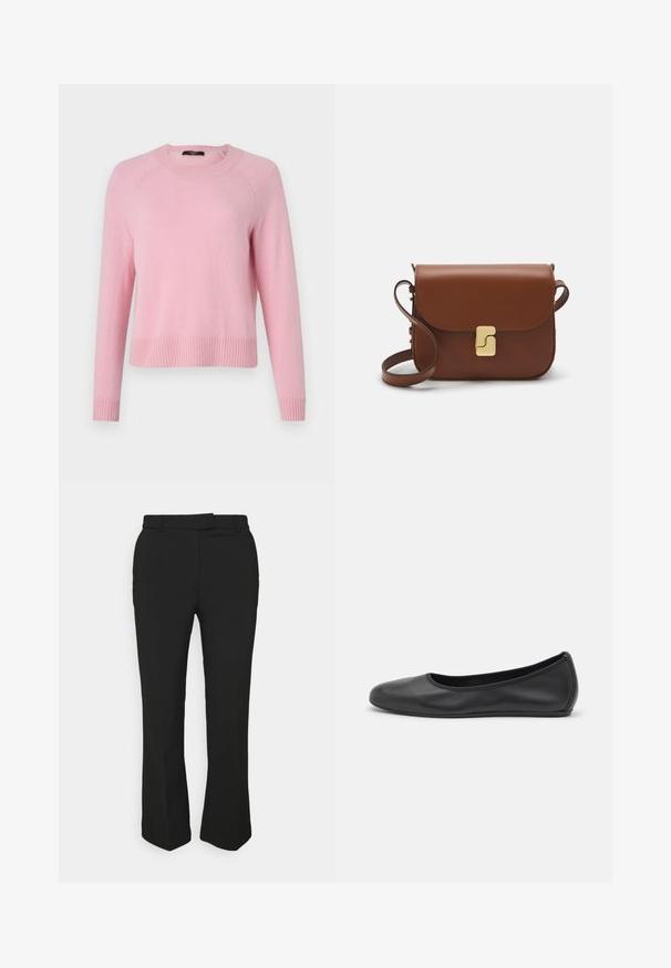 WEEKEND MaxMara TAGO - Strickpullover - pink; Schwarze, maßgeschneiderte Hose mit geradem Bein, ausgestattet mit Gürtelschlaufen und Seitentaschen. Hergestellt aus glattem Stoff mit sauberem Finish.; Schwarze Leder-Ballettschuhe mit abgerundeter Spitze, glatter Textur, minimalen Nähdetails und einem flexiblen Sohlen-Design.; Braune Ledertasche mit Klappenverschluss, Beschlägen in Goldfarbe, einem Schultergurt und einer glatten Oberfläche. Kompakte rechteckige Form.