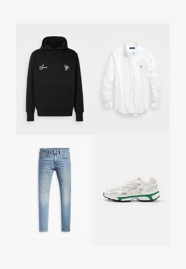 Haut à capuche noir avec une poche kangourou à l'avant. Présente un texte blanc et des éléments graphiques géométriques sur la poitrine. Fabriqué en tissu de coton doux.; Chemise blanche à manches longues en coton. Dotée d'un col classique, de poignets à boutons et d'un petit logo brodé bleu marine sur la poitrine.; Jean slim bleu clair avec un léger délavage sur les cuisses, fermeture à bouton à l'avant, passants de ceinture et style à cinq poches sur fond blanc.; Sneaker blanc avec accents verts et semelle en caoutchouc noir. Comprend des panneaux en mesh et en synthétique, avec une finition texturée et des coutures visibles.