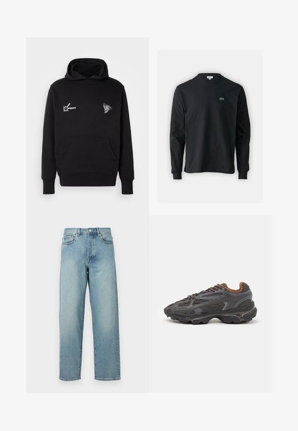 Haut à capuche noir avec une poche kangourou à l'avant. Présente un texte blanc et des éléments graphiques géométriques sur la poitrine. Fabriqué en tissu de coton doux.; T-shirt noir à manches longues en coton, avec un col rond et un petit logo de crocodile brodé vert sur la poitrine gauche.; Jean en denim bleu clair avec une coupe loose, jambes droites, design à cinq poches et fermeture à bouton à la taille. Détail de couture minimaliste.; Baskets Lacoste en gris foncé, en matériau mesh et synthétique, avec une semelle texturée et des accents marron sur le col et le branding.