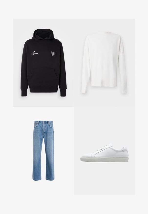 Čierna mikina s kapucňou a predným vreckom typu "kangaroo". Má biele písmo a geometrické grafické prvky na hrudi. Vyrobená z mäkkej bavlny.; Biela bavlnená košeľa s dlhými rukávmi a okrúhlym výstrihom, s bočnými rozparkami na spodku a hladkou textúrou, zobrazená zozadu.; Svetlo modré denimové džínsy so strihom rovného nohu, päť vreciek, zapínanie na gombík, minimálne vyblednutie a kontrastné švy.; Biele tenisky s hladkým koženým zvrškom a nízkym profilom. Majú zaoblenú špičku, šesť očiek a štruktúrovanú gumovú podrážku.