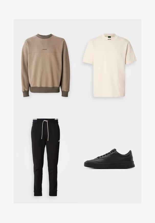 Beige crewneck sweatshirt with ribbed collar, cuffs, and hem, featuring subtle "BOSS" logo embroidered on the chest.; Cream-colored short-sleeve T-shirt with a high collar, featuring "BOSS" printed in black on the front neck and inside label.; Black slim-fit jogger pants with white drawstring, ribbed cuffs, and subtle logo on the upper thigh against a plain background.; Black sneaker with smooth leather upper, round toe, flat laces, cushioned collar, and minimalistic design. Rubber sole with subtle tread pattern.