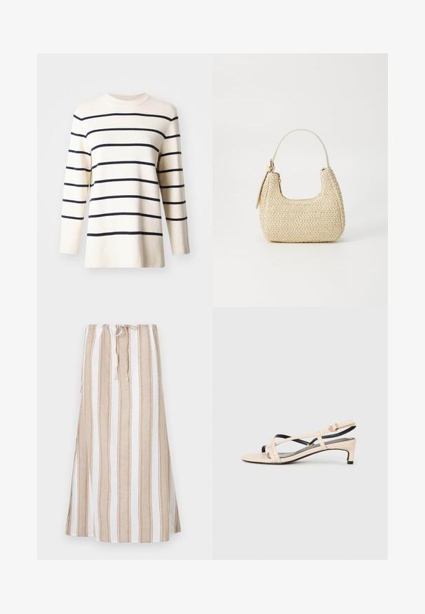 Tejanyaku világoskrém pulóver, sötétkék vízszintes csíkokkal, bordázott kerek nyakkivágással és hosszú ujjakkal, puha, struktúrált anyagból készült.; Csíkos szoknya fehér és világosbarna színekben, húzózsinóros derékkal és hosszú, bájos ráncolással. Könnyű anyagból készült, laza szabással.; Beige bőr női szandál, keresztpántos kialakítással, alacsony sarokkal és fekete kiegészítőkkel. Simogató tapintás és minimál stílus.; Bézs színű, fonott szalmakézitáska ívelt formával, rövid fogantyúval és oldalsó cipzárral. Texturált felülettel és minimalista dizájnnal rendelkezik.