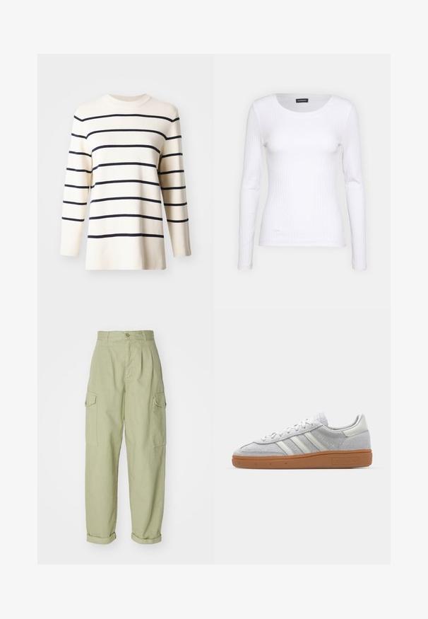 Kerman neule, jossa on tummansinisiä vaakasuoria raitoja, varustettuna ribatulla pyöreällä kaula-aukolla ja pitkillä hihoilla, valmistettu pehmeästä, tekstuurista kankaasta.; Valkoinen raidallinen pitkähihainen paita, jossa on pyöreä pääntie. Valmistettu stretch-kankaasta, joka myötäilee vartaloa. Sisältää hillittyjä vaakasuoria viivoja.; Vaaleanvihreät cargo-housut, jotka on valmistettu puuvillakankaasta. Omistaa korkean vyötärön, käännetyt hihnat ja kaksi sivu cargo-taskua lisäkäytännöllisyyttä varten.; Vaaleanharmaat mokkanahkakengät, joissa on valkoiset nahkaosat, kolme valkoista raitaa ja ruskea kumipohja, ja joissa on pehmustettu varsi mukavuutta varten.