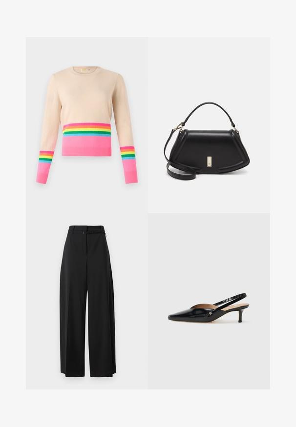 Maglione beige con maniche lunghe, caratterizzato da una fascia orizzontale rosa e strisce arcobaleno in verde, blu, giallo e rosso sul fondo e sulle maniche.; Pantaloni larghi neri con vita alta e cintura. Presentano una texture liscia e linee pulite, progettati per un fit rilassato.; Décolleté slingback in vernice nera con punta affilata, tacco basso e design con aperture sul vamp. Accento in hardware color oro sul lato.; Borsa a mano in pelle nera con un design strutturato, caratterizzata da una forma corta, manico superiore e accessori in metallo dorato. Inclusa tracolla regolabile.