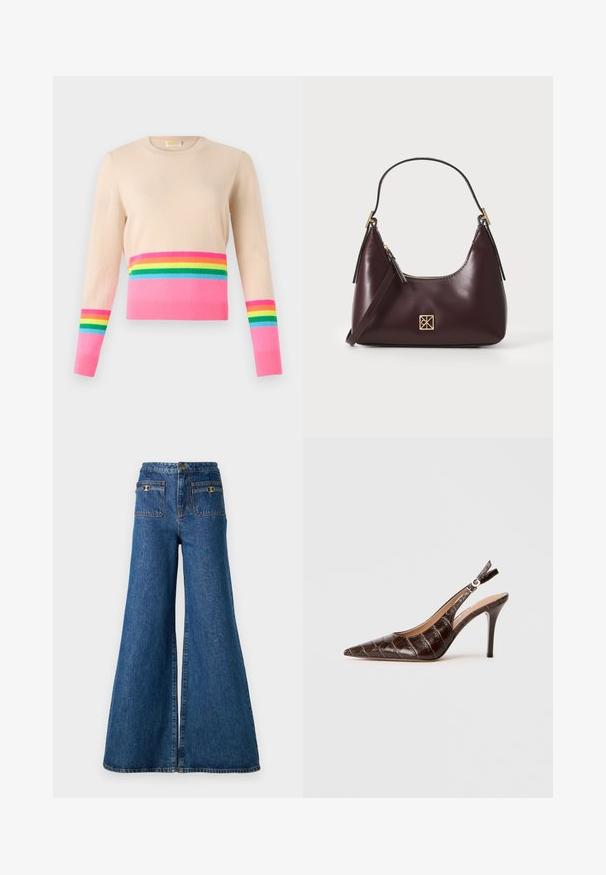 Beige sweater with long sleeves, featuring a horizontal pink band and rainbow stripes in green, blue, yellow, and red at the bottom and sleeves.; Wide-leg denim jeans in dark blue, featuring a high waist, two back pockets with gold hardware, and a raw hem at the legs.; Brown, crocodile-embossed leather slingback pump with pointed toe, open sides, and a thin high heel. Designed with a buckle adjustment.; Burgundy leather handbag with a curved shape, gold accents on the hardware, and a zippered closure. Features a detachable shoulder strap.