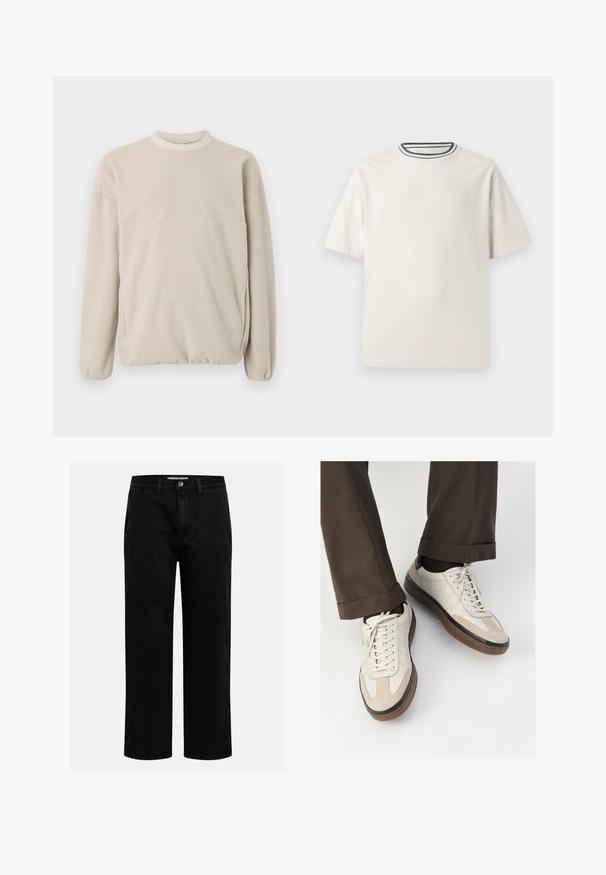 Svetlo béžová fleecová mikina s okrúhlym výstrihom, elastickými manžetami a prednou kapsou. Mäkká textúra, voľný strih a minimalistický dizajn.; Krémové bavlnené tričko s krátkymi rukávmi, s okrúhlym výstrihom doplneným námorníckymi a bielymi pruhmi. Hladká textúra, voľný strih.; Čierne džínsové nohavice so strihom rovného nohu, klasickým dizajnom s piatimi vreckami a gombíkovým zapínaním v páse. Hladká textúra a odolná tkanina.; Béžové tenisky s textúrovanou zamšovou prednou časťou, hladkými koženými bočnými stranami a hnusou gumovou podrážkou. Obsahujú šnúrky a svetlé stehy ako detail.