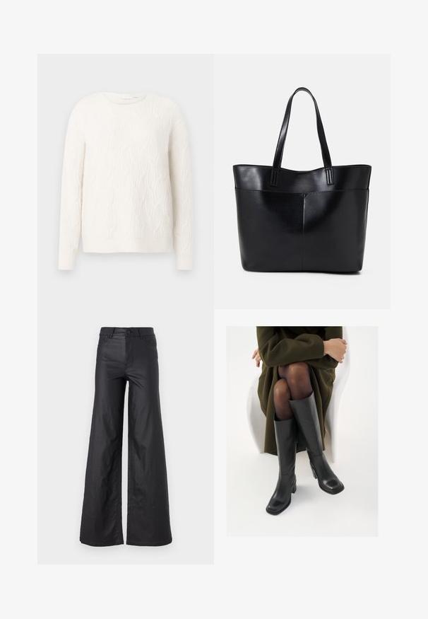 Cream, knitted sweater with a textured cable pattern, round neckline, and long sleeves. Soft material, casual fit, solid color throughout.; Black, wide-leg pants in a faux leather material. Features a high waist, belt loops, two front pockets, and stitched detailing.; Knee-high black leather boots with a squared toe and block heel, shown with a model seated in an olive green coat. Smooth texture, minimal detailing.; Black leather tote bag with two long handles, a smooth texture, and a structured shape. Features a front pocket for additional storage.