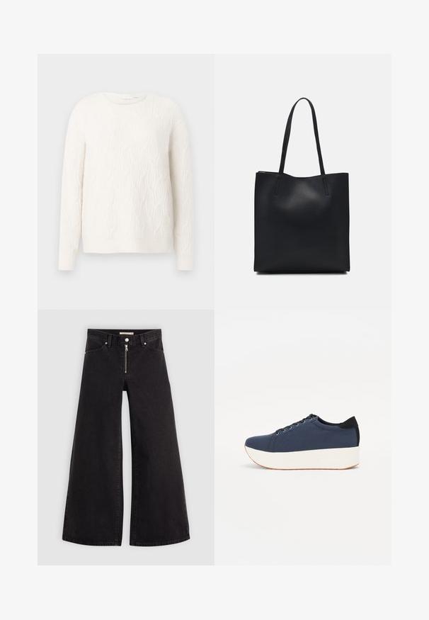 Crème, gebreide trui met een textuur kabelpatroon, ronde halslijn en lange mouwen. Zacht materiaal, casual pasvorm, effen kleur door het geheel.; Wijdvallende jeans van zwarte denim met een ritssluiting aan de voorkant, vijf zakken en subtiele stikdetails. Soepele textuur en casual stijl.; Marineblauwe sneaker met een textuurstof bovenwerk, witte platformzool, ronde neus en zwart hakaccent. Voorzien van zes gaatjes voor veters.; Zwarte leren handtas met een gladde textuur, rechthoekige vorm en twee lange handvaten. Geen zichtbare hardware of versieringen.