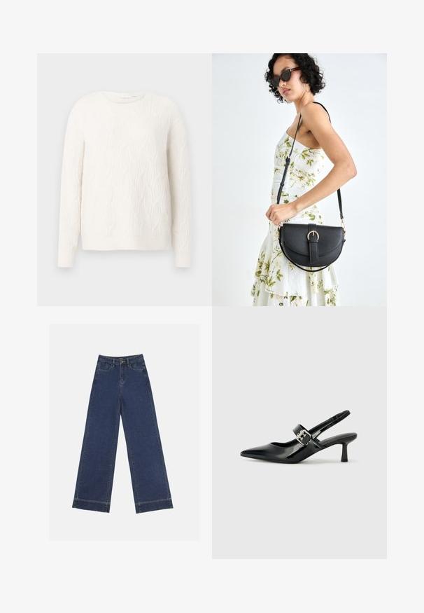 Kreminė megzta palaidinė su tekstūruotu kabeliu, apvalia iškirpte ir ilgomis rankovėmis. Minkšta medžiaga, laisvas siluetas, vientisa spalva visame paviršiuje.; Plati džinsai tamsiai mėlynos denimo. Yra penki kišenės, diržo kilpos ir apatinė briauna su matomais siuvimo detalėmis.; Juodai lakuoti slingback aukštakulniai su smailiu kojų pirštu ir mažais blokiniais kulniukais, su sidabro sagtimi ant dirželio.; Juodas odinis krepšys su išlenkta forma, nuimamu dirželiu ir auksiniais detalėmis. Krepšys turi kilpą su sagtimi.