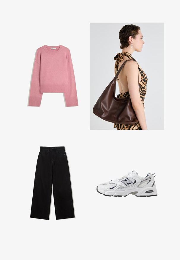 Růžový zkrácený svetr vyrobený z měkké pleteniny, s ribovaným kulatým výstřihem a dlouhými rukávy s ribovanými manžetami. Hladký textil.; Černé džínové kalhoty s širokými nohavicemi a vysokým pasem, s pěti kapsami a jedním knoflíkem na přední straně.; Bílé sportovní boty s textilním svrškem, námořnickými akcenty a polstrovanou podrážkou. Obsahují logo "N", tkaničky a texturovaný detail na boku.; Hnědá kožená hobo taška s hladkou texturou, zakřiveným tvarem a jedním popruhem přes rameno, vystavená na neutrálním pozadí.