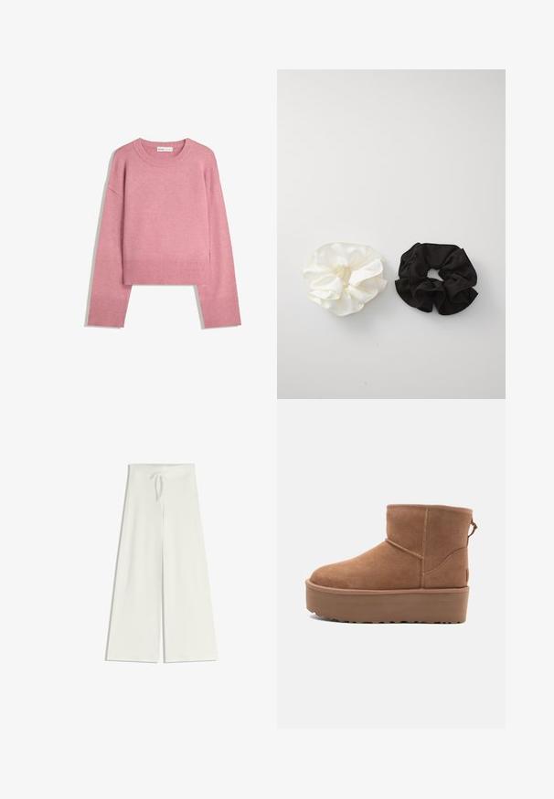 Rosa kortärmad tröja i mjukt stickat tyg, med ribbad rund halsringning och långa ärmar med ribbade manschetter. Slät textur.; Breda, vita byxor i mjukt stickat material, med en elastisk midja och dragsko för justerbar passform. Slät struktur, utan mönster.; Tan mockasköna med plattformssula, rund tå och broderade detaljer; har en dragflik baktill för enkel påtagning.; Två satin scrunchies, en svart och en vit, med en rynkig design och slät textur, som visas mot en enkel vit bakgrund.