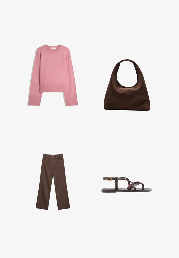 Ružičasti skraćeni pulover od mekog pletiva, sa rebrastim okruglim izrezom i dugim rukavima sa rebrastim manžetama. Glatka tekstura.; Proširene smeđe traperice od denima, s visokim strukom, prednjim džepovima i klasičnom kopčom na dugme. Glatka tekstura s suptilnim šavovima.; Smeđe kožne sandale s iskrižanim trakama, umetkom za zapešće s kopčanjem i ravnim potplatom s minimalnim detaljima šivanja.; Meka mekana smeđa torba hobo stila s jednim širokim remenom i zakrivljenim otvaranjem na vrhu, prikazana na bijeloj pozadini.