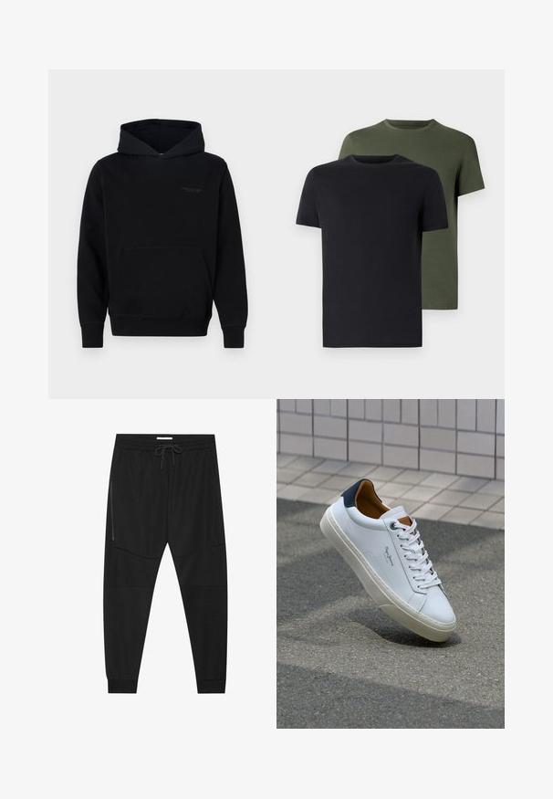 Black hooded sweatshirt made of soft fabric, featuring a front kangaroo pocket and subtle branding on the chest. Long sleeves with ribbed cuffs.; Two crew-neck t-shirts in black and olive green, made of soft cotton fabric. The design is simple with short sleeves and a straight cut.; Black athletic pants made of textured fabric, featuring an adjustable waistband, zippered side pocket, and tapered cuffs.; White leather sneaker with a navy heel, round toe, and contrasting brown accents. Features flat laces and textured rubber sole.