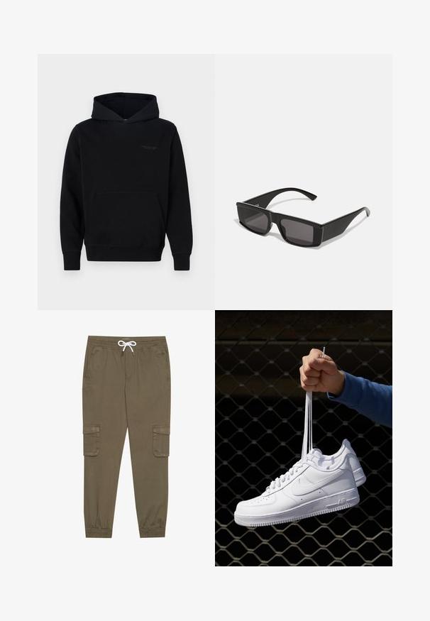 Must mustri nike, pehmeast kangast, ees on känguru tasku ja rinna peal peen bränding. Pikad varrukad ribakraega.; Khaki cargo püksid elastse vöökoha ja stringiga, külgtaskud ja voltidega pahkluude juures. Valmistatud tekstureeritud, kerget materjalist.; Valged nahast tennisetossud, millel on perforatsioonid, ümar nina, lame tallus ja paksud nöörid, nähtava swooshi logoga ja "AIR" kontsadel.; Mustad mustad prillid, millel on ristkülikukujulised raamide ja tumedad objektiivid. Valmistatud läikivast plastikust, millel on nurgeline disain ja kitsad varred.