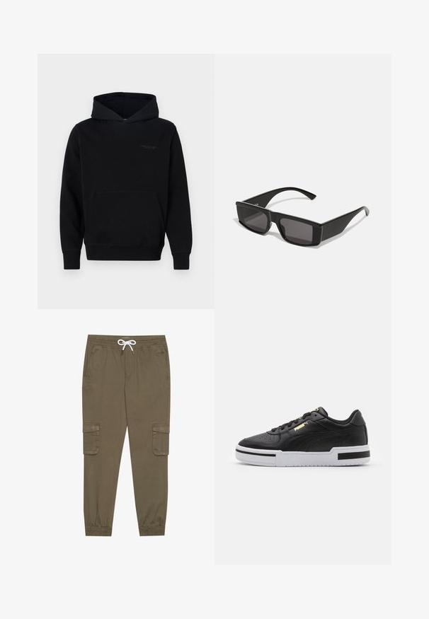Fekete kapucnis pulóver puha anyagból, elöl kenguruzsebbe, és diszkrét logóval a mellen. Hosszú ujjak bordázott mandzsettával.; Kaki cargo nadrág, rugalmas derékkal és húzózsinórral, oldalsó zsebekkel és szűkített bokákkal. Texturált, könnyű anyagból készült.; Fekete bőrsneaker fehér középtalppal, perforált orral, arany logóval, párnázott bokarésszel és kontrasztos fekete részletekkel az oldalon.; Fekete napszemüveg, téglalap alakú kerettel és sötét lencsékkel. Fényes műanyagból készült, szögletes dizájnnal és karcsú szárakkal.