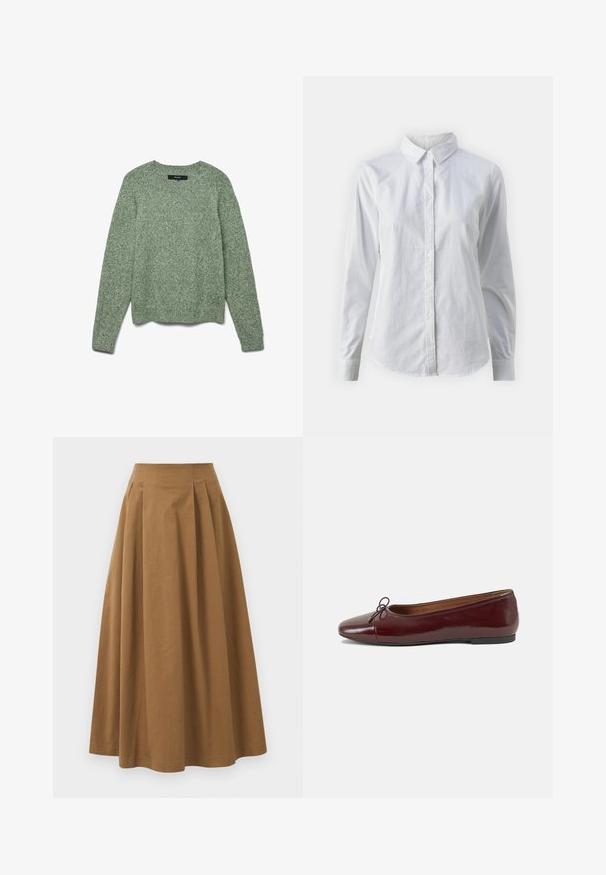 Tekstureeritud, helesinine kudumine särk ümmarguse kaelusega, pikkade varrukatega ja ribaga servas. Omab mugavat lõiget ja õrna mustrit üle kogu pinna.; Valge nööpidega särk, mis on valmistatud siledast puuvillast. Särgil on klassikaline krae, pikad varrukad ja kaarduv äär. Nöödid on väikesed ja valged.; Pruun puuvillane A-line seelik kõrge vöökohaga, millel on voldid ees ja sile tekstuur. Pika serva viimistlus on puhas ja lihtne.; Burgundi patendnahk kingad balletitüüpi, ümmarguse ninaosa, ees väike paelaaktsent ja madal must kummist tald. Sile tekstuur.