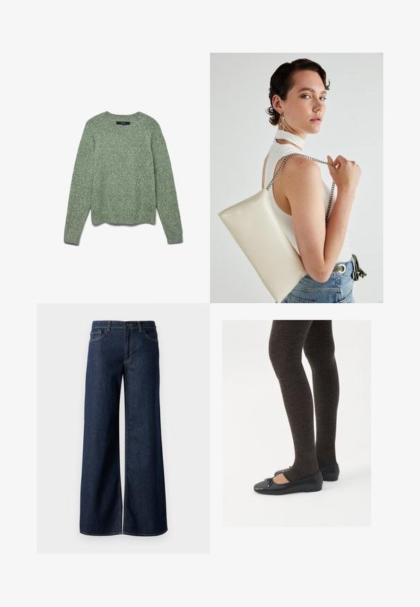 Textured, light green knit sweater with a crew neck, long sleeves, and ribbed hem. Features a relaxed fit and subtle pattern throughout.; Wide-leg jeans in dark blue denim. Features contrast stitching, five pockets, and a button closure at the waist. Smooth texture.; Black flat shoes with a small bow detail at the toe, paired with dark brown ribbed tights. Shoes have a smooth texture and low profile.; White rectangular clutch bag made of glossy material, featuring a silver chain strap. Model poses, showcasing the bag against a plain background.