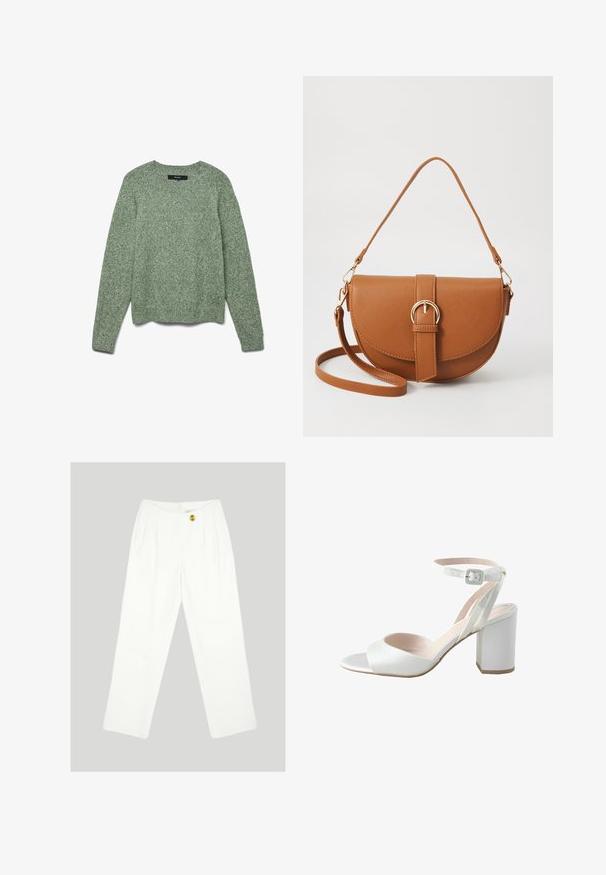 Texturált, világoszöld kötött pulóver kerek nyakkal, hosszú ujjakkal és bordázott aljal. Lazább szabása van, és finom mintázattal rendelkezik.; Fehér, széles lábú nadrág sima anyagból. Egyetlen sárga gombbal záródik, és pleats dizájnja van elöl. Nincsenek látható zsebek.; Fehér magassarkú szandál fényes selyem felsőrésszel, széles blokk sarokkal és boka pánttal, melyen egy kis csat található. Simább tapintású, minimális design.; Barna bőr keresztbody táska ívelt formával, aranyszínű fémrészekkel és csat díszítéssel. Levehető vállpánttal rendelkezik.