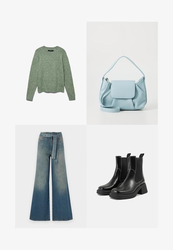 Tekstureeritud, helesinine kudumine särk ümmarguse kaelusega, pikkade varrukatega ja ribaga servas. Omab mugavat lõiget ja õrna mustrit üle kogu pinna.; Laiad denimpüksid, millel on hele tume sinine gradiendiefekt, kõrge vöökoht, vöökumlid ja sobivast kangast vöö. Struktureeritud denimi viimistlus.; Must musta Chelsea saapad, millel on paks konts, elastsed külgpaneelid ja kontrastne valge õmblus. Tekstuuriga viimistlus.; Heledad sinine nahkrahakott ülemise käepidemega, esiküljel klapiga tasku ja eemaldatav randmepael valgel taustal.