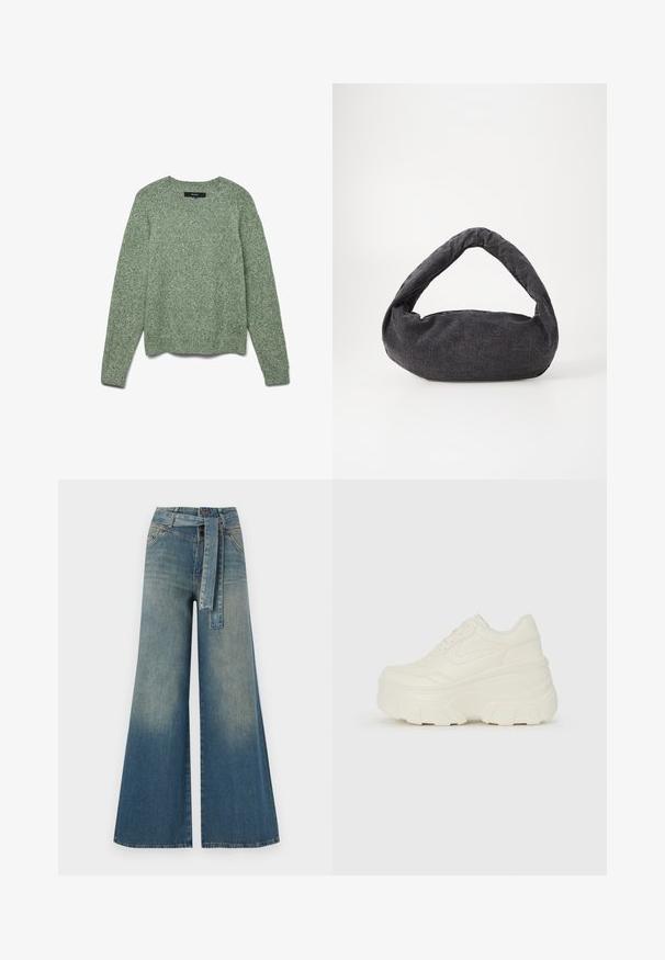 Gestructureerde, lichtgroene gebreide trui met een ronde hals, lange mouwen en ribbelboord. Heeft een relaxte pasvorm en een subtiel patroon overal.; Wijduitlopende denim broek met een lichte naar donkere blauwe gradient, hoge taille, riemlussen en een bijpassende stoffen riem. Gestructureerde denimafwerking.; Witte platform sneakers met een gladde leren bovenkant, afgeronde vorm, gewatteerde kraag en een gestructureerde rubberen zool met duidelijke profiel.; Donkergrijze stoffen tas met een gebogen handvat, zachte textuur en ronde vorm. Geen zichtbare hardware of versieringen.