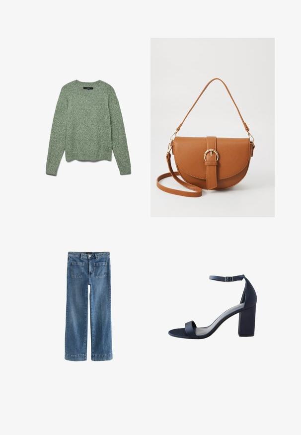 Teksturirana, svetlo zelena pletena majica s crew izrezom, dugimi rokavi in ribastim robom. Ima udoben kroj in subtilen vzorec po celotni površini.; Svijetloplave traperice širokih nogavica, s prednjim gumbom i zatvaračem, dva prednja džepa i dva stražnja džepa, s manžetama na rubovima.; Temno modre visoke sandale z gladko teksturo, širokim trakom prek prstov, trakom okoli gležnja in blok peto za stabilnost.; Rjava usnjena torbica prek telesa s ukrivljeno obliko, zlate opreme in sponko. Ima odstranljiv naramni trak.