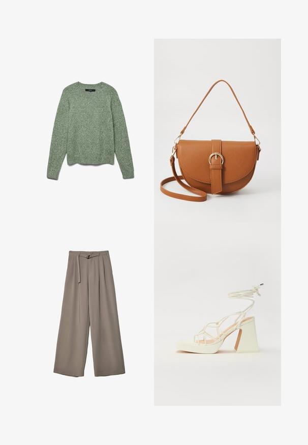 Teksturirana, svetlo zelena pletena majica s crew izrezom, dugimi rokavi in ribastim robom. Ima udoben kroj in subtilen vzorec po celotni površini.; Široke hlače iz mehke, umirjene sive tkanine, z pasom, ki ga je mogoče zavezati, in z gubami za dodatne oblikovne podrobnosti. Gladka tekstura, brez vzorcev.; Bela sandala na visokih petah s debelim petam, ki ima obliko trakcev in vezanje okoli gležnja. Gladka tekstura z platformo spredaj za dodatno višino.; Rjava usnjena torbica prek telesa s ukrivljeno obliko, zlate opreme in sponko. Ima odstranljiv naramni trak.