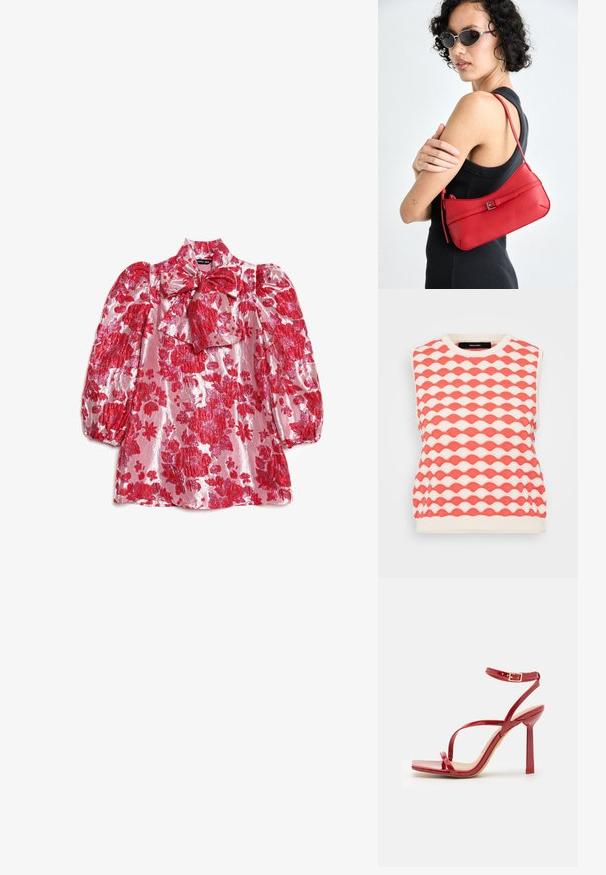 Pletený bezrukávový svetr s vlnkovým vzorem v korálové a krémové barvě. Tkanina má texturovaný povrch a kulatý výstřih.; Červená květinová halenka s nabíranými rukávy, vysokým límcem a detailem mašle. Vyrobená z lesklé látky se vzorem velkých květin na růžovém pozadí.; ALDO SCINTILLA - Sandály na vysokém podpatku - red; Červená kožená taška na rameno s hladkým povrchem, zakřiveným designem a dekorativní sponou. Nastavitelný popruh a zipové zapínání.