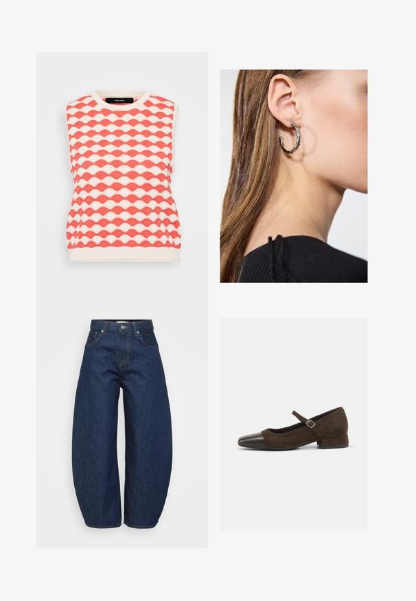 Knit sleeveless sweater featuring a wave pattern in coral and cream. Fabric has a textured finish with a round neckline.; Dark blue denim jeans with a wide, relaxed fit. Features a zip fly, four pockets, and contrasting stitching along seams.; Brown suede Mary Jane shoe with a black patent leather toe cap, adjustable strap, and a low block heel. Smooth texture with minimal accents.; Silver hoop earring with a polished finish, featuring small gold accent details and a round shape, worn on the lobe.