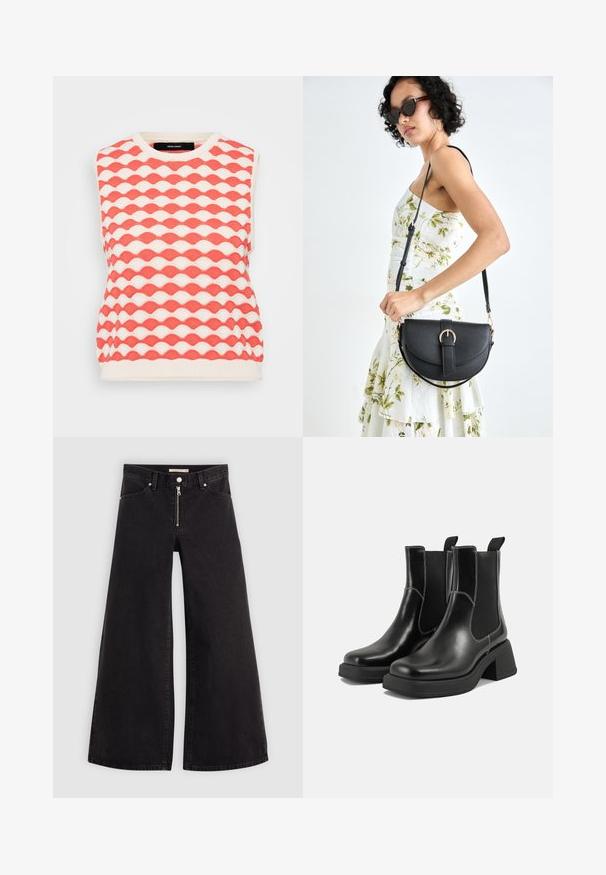 Strikket ermeløs genser med bølgemønster i korall og krem. Stoffet har en strukturert overflate med rund hals.; Vide benbukser i sort denim med glidelås i front, fem-lomme design og subtile sømdetaljer. Glatt tekstur og avslappet stil.; Sorte lær Chelsea støvler med en kraftig hæl, elastiske sidepaneler og kontrasterende hvid syning. Teksturert overflate.; Svart lærveske med en buet form, avtagbar stropp og gullbeslag. Vesken har et klaff med spenne-detall.
