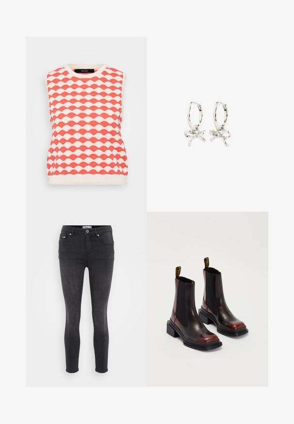 Kudottu hihaton villapaita, jossa on aaltokuvio korallin ja kreemin sävyissä. Kankaassa on tekstuuripinta ja pyöreä pääntie.; Mustat kapeat farkut, jotka on valmistettu denimistä. Ominaisuuksiin kuuluu edessä nappikiinnitys ja vetoketjullinen tasku vyötäröllä. Sileä pinta, jossa on vain vähän haalistumista.; Dr. Martens MAYBOLE CHELSEA - Platform-nilkkurit - black/cherry red; Hopeita rengas korvakoru, jossa on solmumuotoilu, sileä pinta ja kiillotettu rakenne. Tiivis, minimalistinen tyyli, joka sopii eri tilaisuuksiin.